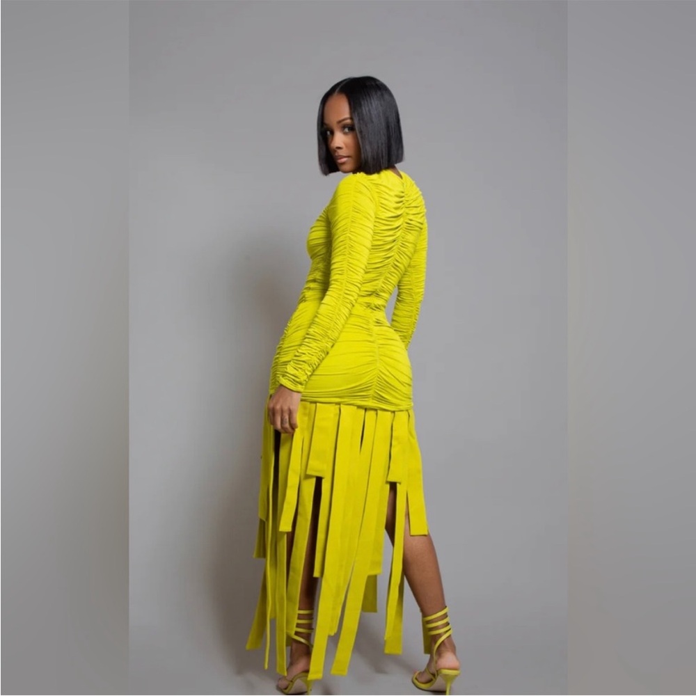 Vibrant Yellow Ruched Dress with Fringe